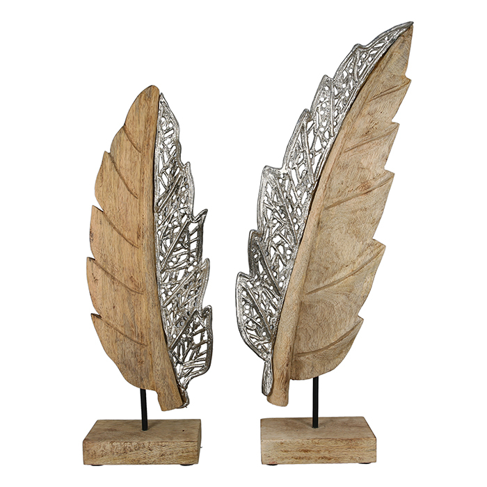 Decoratiune frunza, aluminiu lemn, argintiu maro, 15.5x52x9 cm