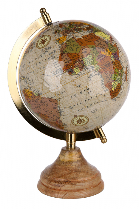 Decoratiune glob, metal lemn, bej maro, 15x15x28 cm