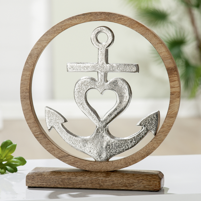 Decoratiune Heart Anchor, aluminiu lemn, argintiu maro, 26×28 cm GILDE