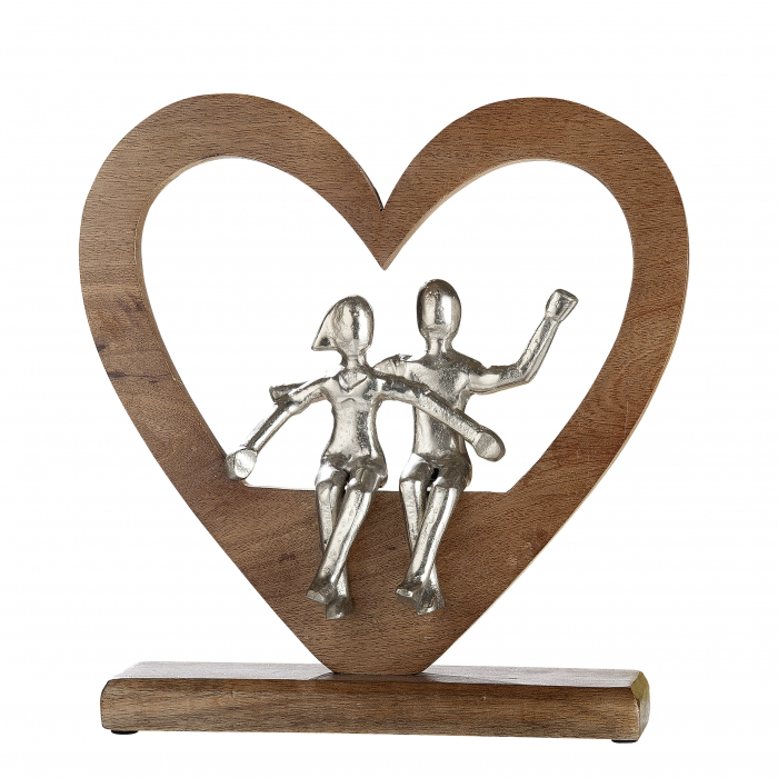 Decoratiune Heart Couple in Love, aluminiu lemn, argintiu maro, 30x30x8 cm