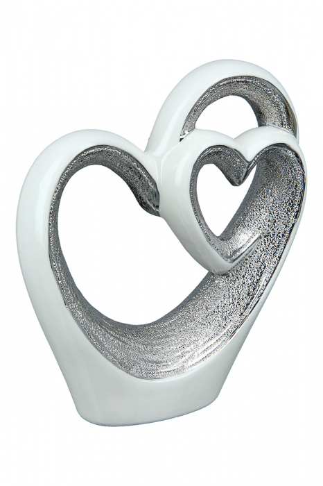 Decoratiune Heart in heart, Portelan, Alb/Argintiu, 13.5x15x4 cm [2]