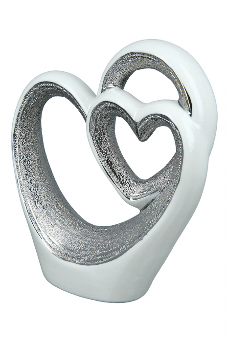 Decoratiune Heart in heart, Portelan, Alb Argintiu, 25.5x29.5x6.8 cm