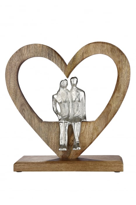 Decoratiune Heart Loving Couple, aluminiu lemn, argintiu maro, 30x30x8 cm