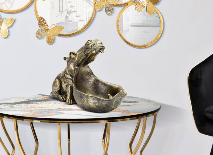 Decoratiune Hippopotamus, Rasina, Auriu, 22x30x16 cm