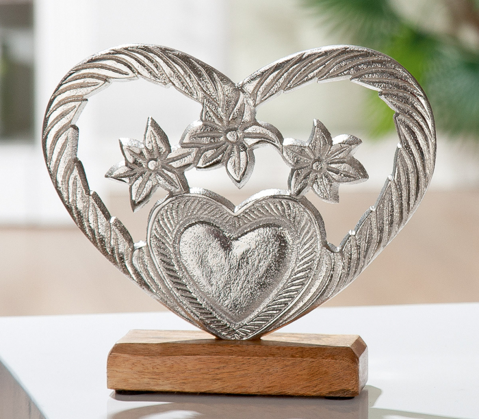 Decoratiune inima Edelweiss, aluminiu lemn, argintiu maro, 20x18x5 cm