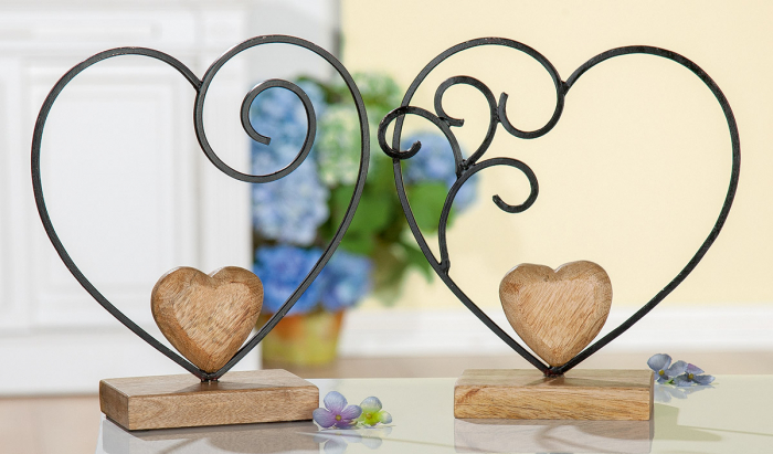 Set 2 Decoratiuni inima, metal lemn, maro negru, 19x22 cm