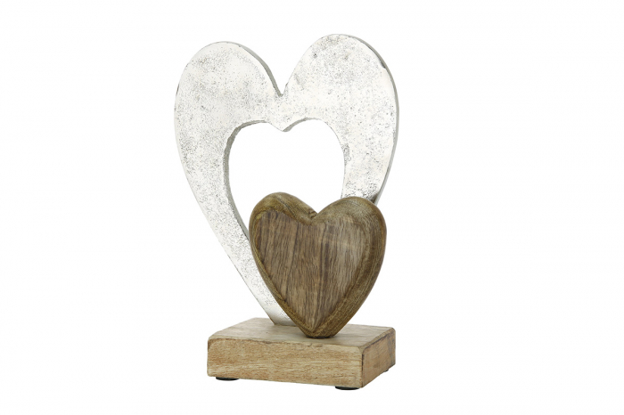 Decoratiune inimi, aluminiu/lemn, argintiu/maro, 16x23x7.5 cm [2]