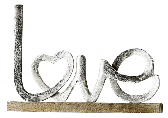 Decoratiune LOVE, aluminiu lemn, argintiu maro, 41x28.5x5 cm
