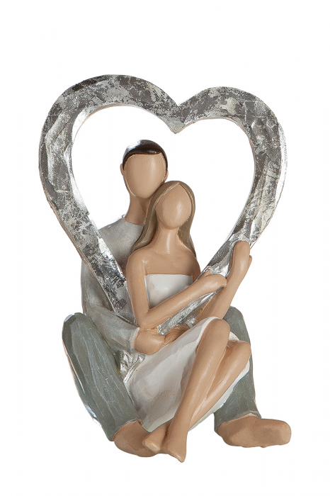 Decoratiune Loving couple heart, rasina, gri argintiu, 10x10x15 cm