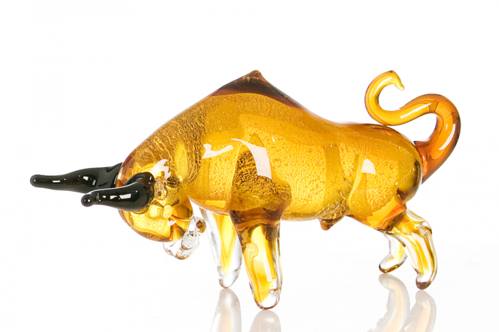 Decoratiune lucrata manual bull, galben, sticla, 16x33x10 cm GILDE