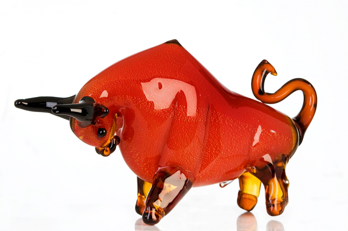 Decoratiune lucrata manual bull, rosu portocaliu, sticla, 28x52x15 cm GILDE