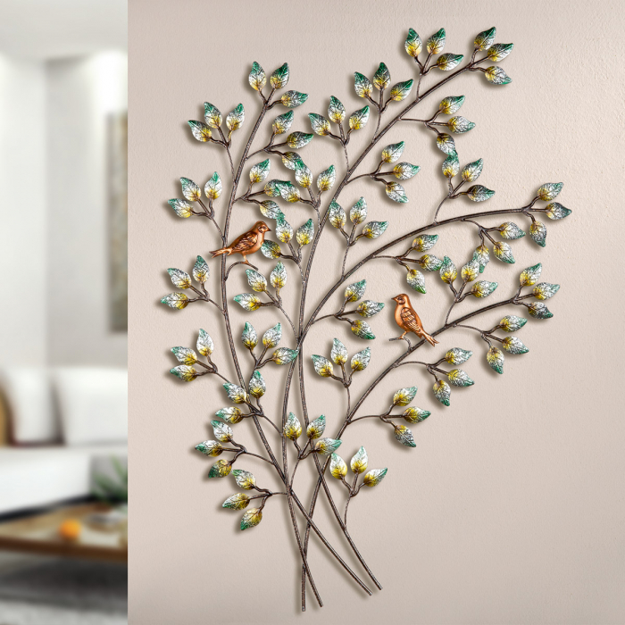 Poza Decoratiune pentru perete Birds in Tree, Metal, Multicolor, 90x60 cm