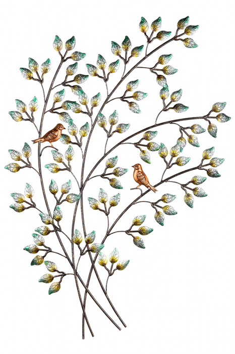 Decoratiune pentru perete Birds in Tree, Metal, Multicolor, 90x60 cm [2]