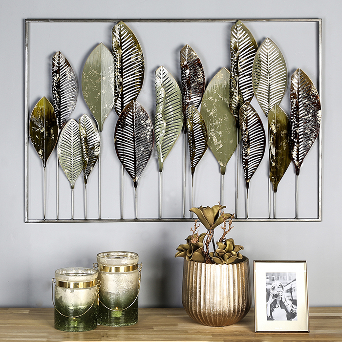 Poza Decoratiune pentru perete Palm leaf, metalic,verde maro auriu, 70x100x5