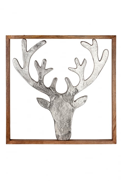Decoratiune perete Deer, aluminiu lemn, argintiu maro, 60×2,5×60 cm 60x25x60