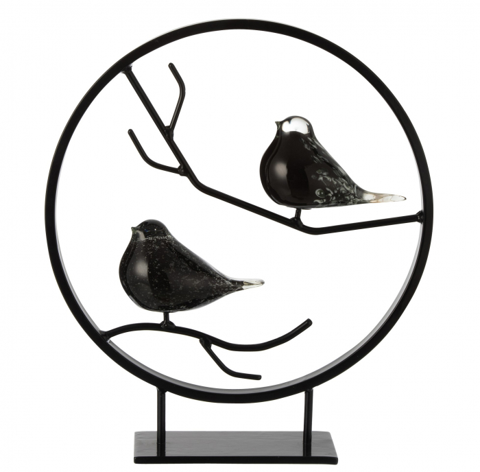 Decoratiune Ring with 2 Birds, Sticla, Negru, 38x10x43 cm