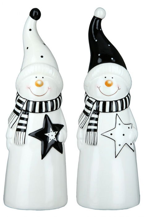 Set 2 decoratiuni Snowman Pelle, Ceramica, Alb Negru, 7.5x7.5x24.3 cm