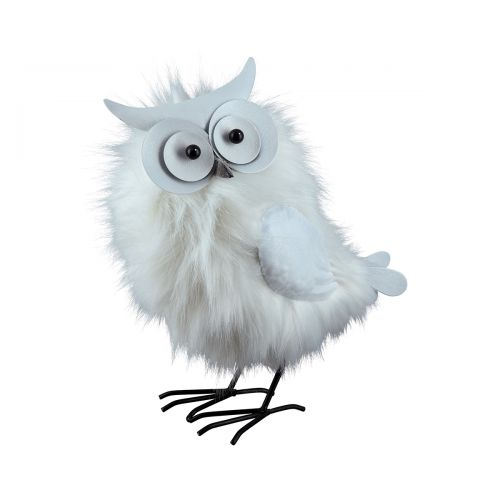Decoratiune Snowy owl with fur, Metal, Alb, 8x15x15 cm