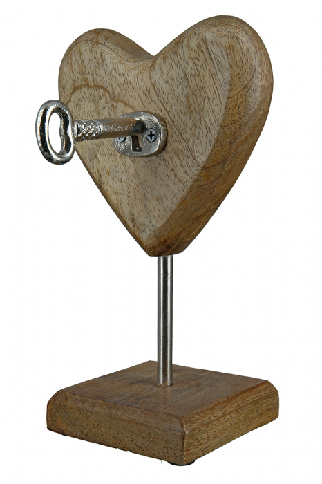 Decoratiune Wood Heart with Key, Lemn, Maro/Argintiu, 15x24x15 cm [3]