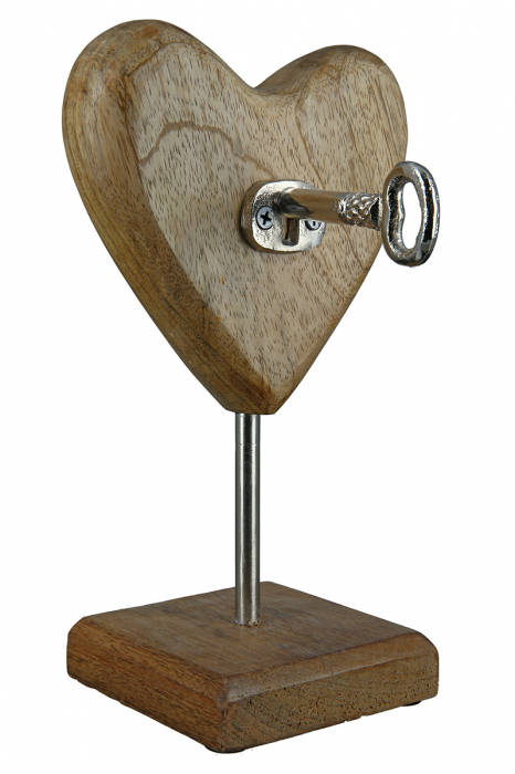 Decoratiune Wood Heart with Key, Lemn, Maro/Argintiu, 15x24x15 cm [2]