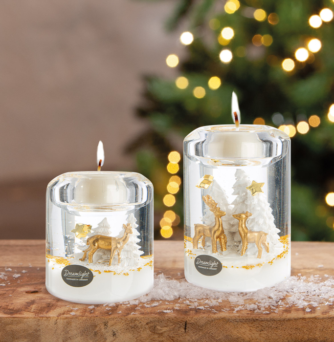 Dreamlight, Suport lumanare tip tealight, Candela Smart, „Wonderland Reindeer”, Motiv cu ren, Sticla, alb, auriu, PU 6, H 8 cm, A. 7 cm [1]