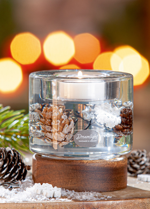 Dreamlight, Suport lumanare tip tealight, Colum Classic pe baza de lemn, „Poveste de iarna”, Lemn, maro, PU 4, H 9 cm, A. 8,5 cm [1]