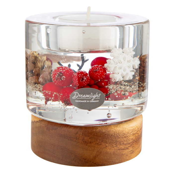 Dreamlight, Suport lumanare tip tealight, Colum Classic pe baza de lemn, „Winter Berries”, Lemn, maro, rosu, PU 4, H 9 cm, A. 8,5 cm [4]