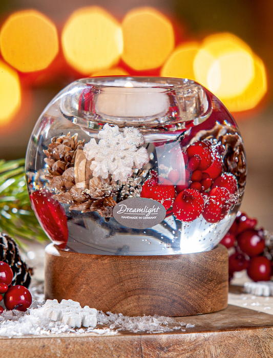 Dreamlight, Suport lumanare tip tealight, Mercur pe baza de lemn, „Winter Berries”, Lemn, maro, rosu, PU 4, H 9 cm, A. 9 cm [1]