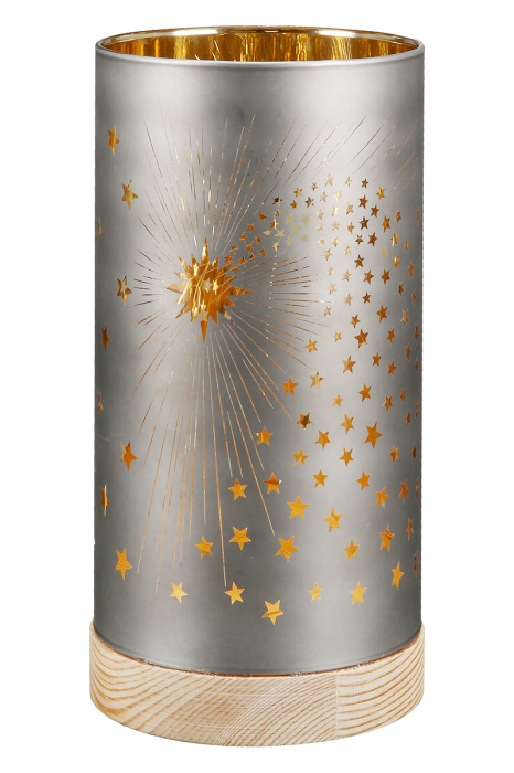 Felinar (LED), cilindric, "Komet", motiv stea, lemn, gri, PU 4, H 20 cm, A. 10 cm [1]