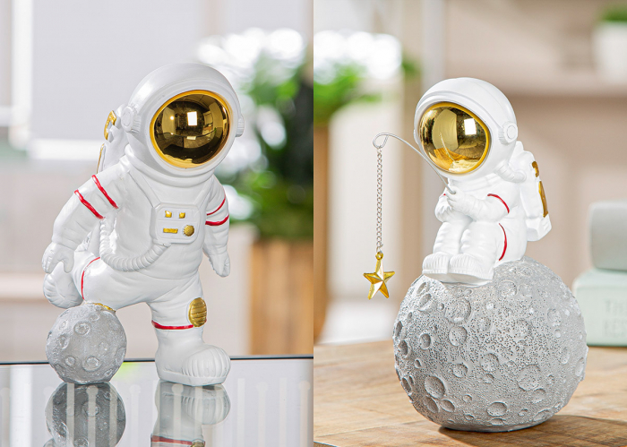 Figurină, Astronaut, Galileo, Polirășină, gri, alb, PU 4, 2 buc. asortate, L. 13,5 cm, L. 10 cm, H. 18 cm [7]