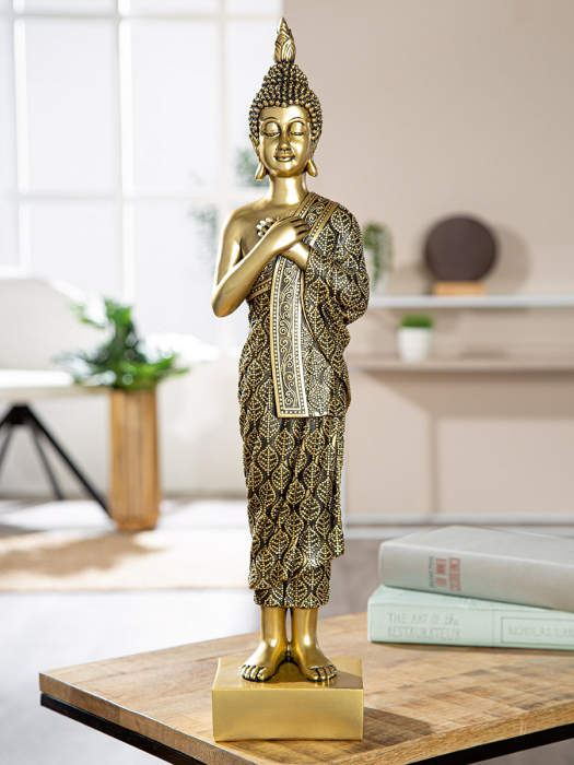 Figurină, Buddha, Buddha gânditor, Polirășină, aurie, PU 1, L. 9,5 cm, L. 12,5 cm, H. 55 cm [3]