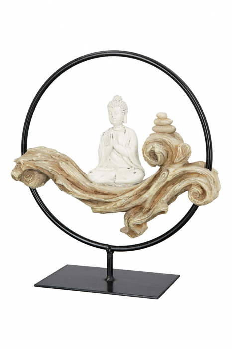 Figurina Buddha in ring, Rasina, Negru Crem, 8x21.5x25 cm
