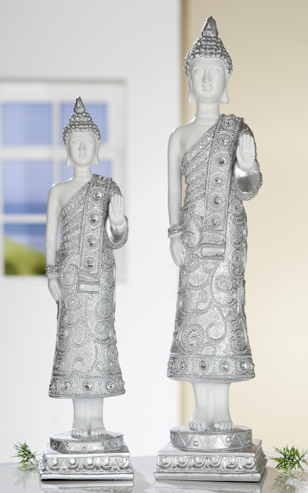 Figurina Buddha, rasina, alb argintiu, 11x46x12 cm