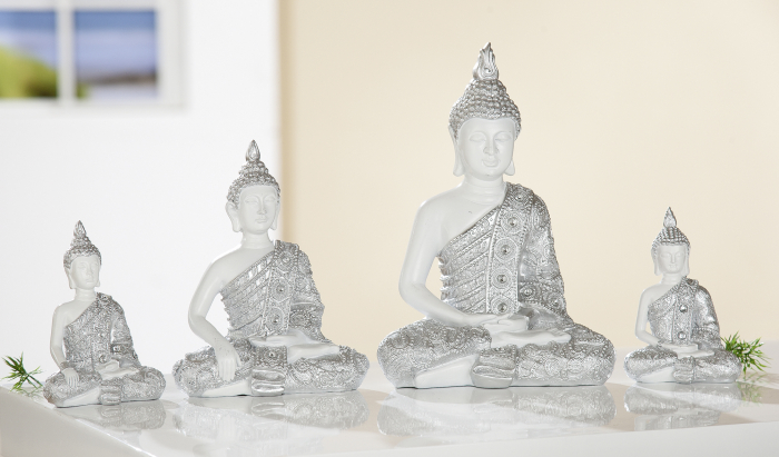 Figurina Buddha, rasina, alb argintiu, 17x24x10 cm