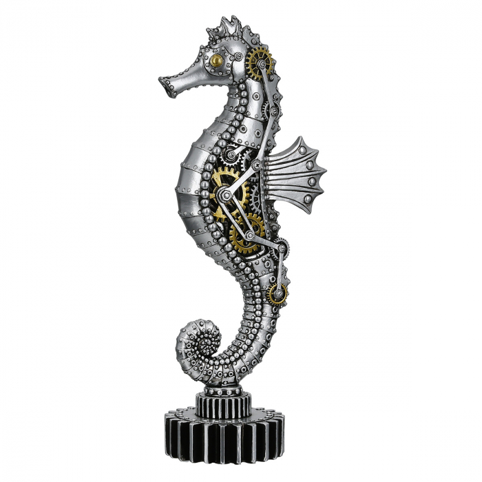 Figurină, Cal de mare, Steampunk, Motiv roată dințată, Polirășină, argintiu, PU 2, L. 8,5 cm, L. 12 cm, H. 31,5 cm [1]