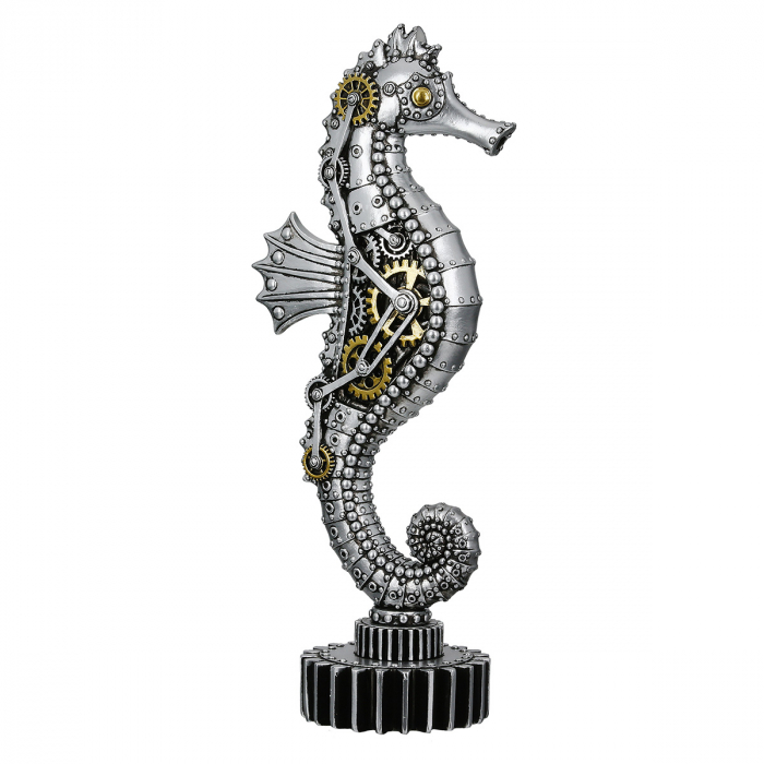 Figurină, Cal de mare, Steampunk, Motiv roată dințată, Polirășină, argintiu, PU 2, L. 8,5 cm, L. 12 cm, H. 31,5 cm [2]