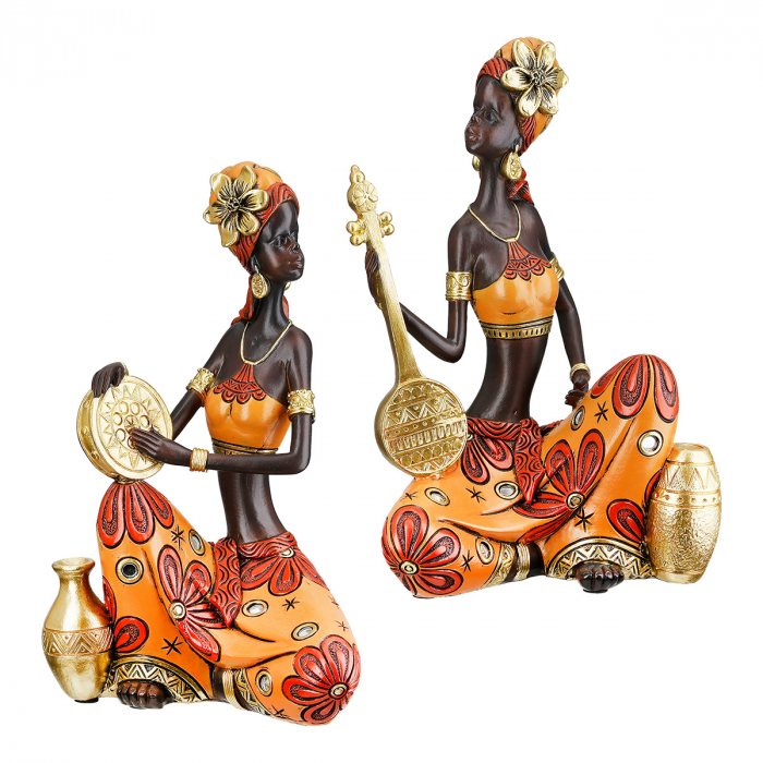 Figurină, Femeie, African Beat, Motiv Muzician, Polirășină, maro, PU 2, 2 buc. asortate, L. 10 cm, L. 15 cm, H. 22 cm [1]