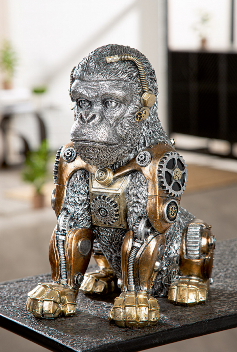 Figurină, Gorilă, Motiv roți dințate, Rășină sintetică, argintie, PU 1, L. 24 cm, L. 18 cm, H 31 cm [6]