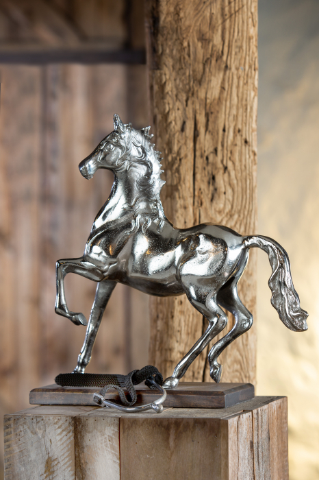 Figurina horse, aluminiu lemn, argintiu maro, 16x40x41 cm