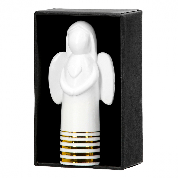 Figurină, Îngeri, Ophaniel, Motiv inimă, punctat, dungi, Polyresin, alb, PU 16, 2 buc. asortate, L. 3 cm, L. 5 cm, H. 8 cm [3]