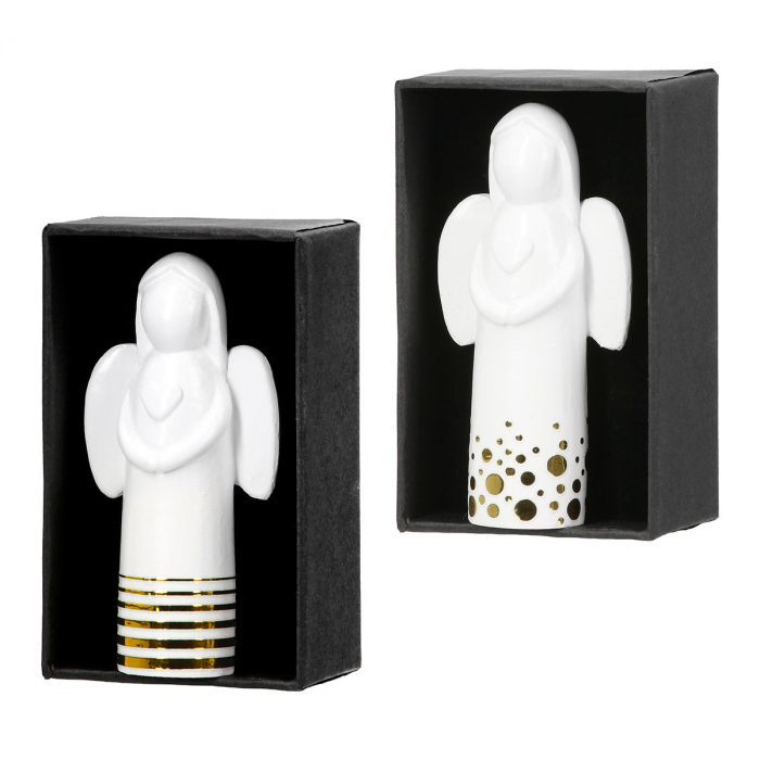 Figurină, Îngeri, Ophaniel, Motiv inimă, punctat, dungi, Polyresin, alb, PU 16, 2 buc. asortate, L. 3 cm, L. 5 cm, H. 8 cm [5]