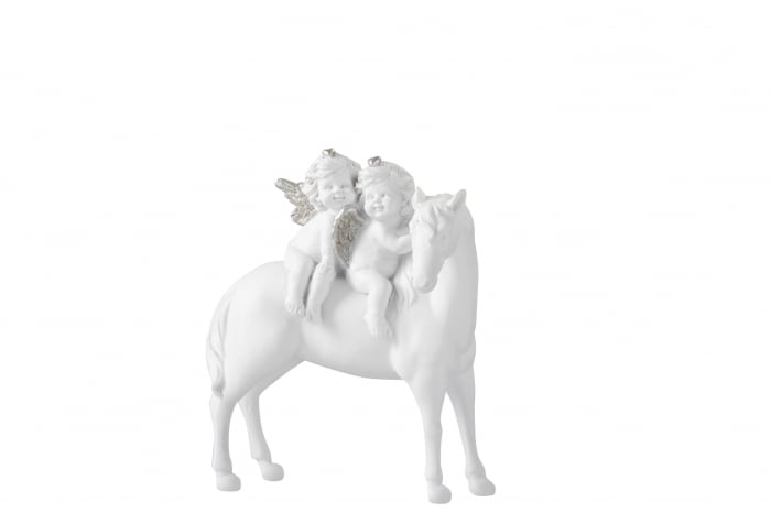 Figurina ingeri pe cal, Compozit, Alb , 15x9x18 cm