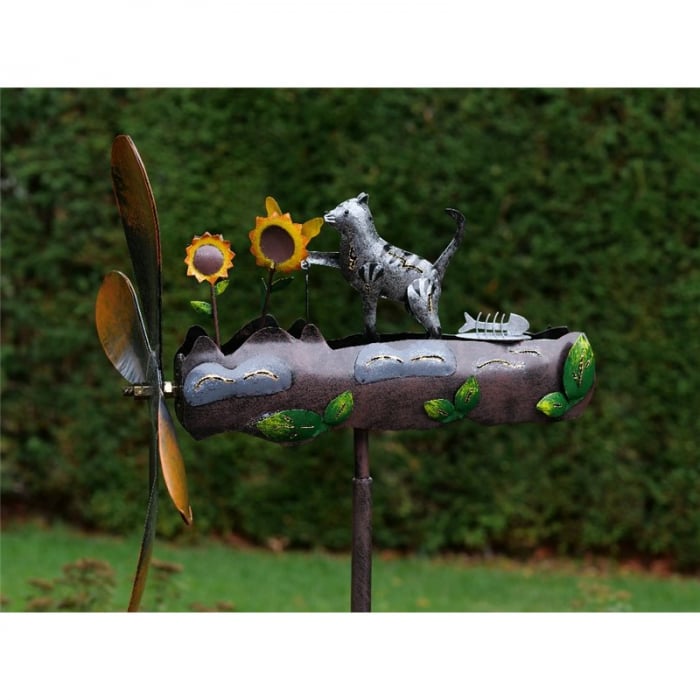 Figurina metal Whirlygig cat and flowers, 143x39x39 cm