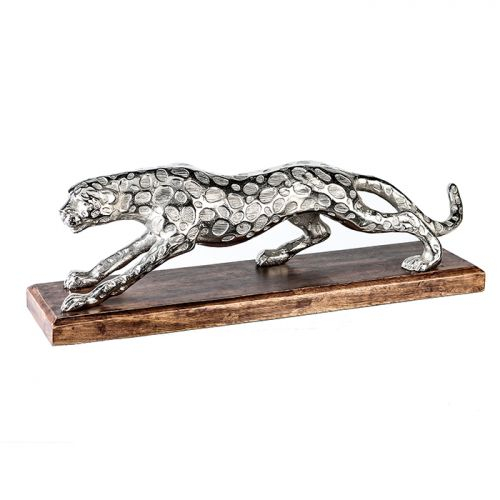 Figurina panther, aluminiu lemn, argintiu maro, 13x51x17 cm