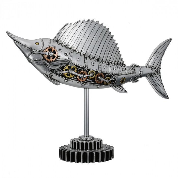 Figurină, Pește-spadă, Steampunk Sailfish, Motiv roată dințată, Polirășină, argintiu, PU 1, L. 14 cm, L. 50 cm, H. 36 cm [1]
