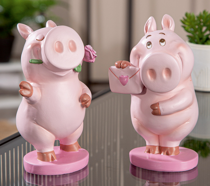 Figurină, Porc, Babe, Polyresin, trandafir, PU 6, 2 buc. asortate, L. 9,5 cm, L. 10,5 cm, H. 16,5 cm [5]