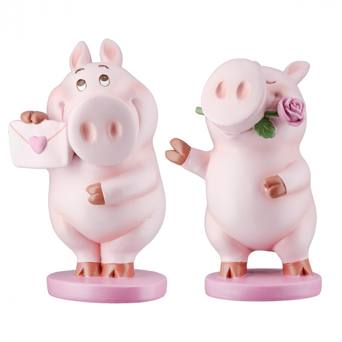 Figurină, Porc, Babe, Polyresin, trandafir, PU 6, 2 buc. asortate, L. 9,5 cm, L. 10,5 cm, H. 16,5 cm [1]