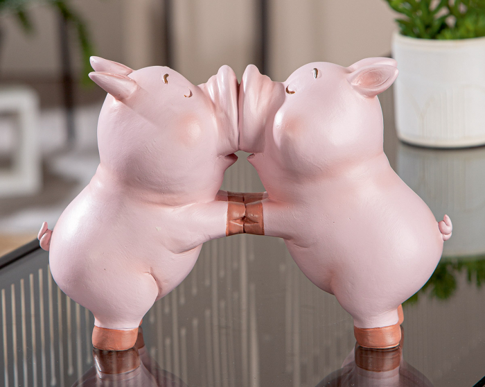 Figurină, Porc, Kissing Babe, Polirășină, trandafir, PU 4, L. 8,5 cm, L. 13,5 cm, H. 19,5 cm [4]