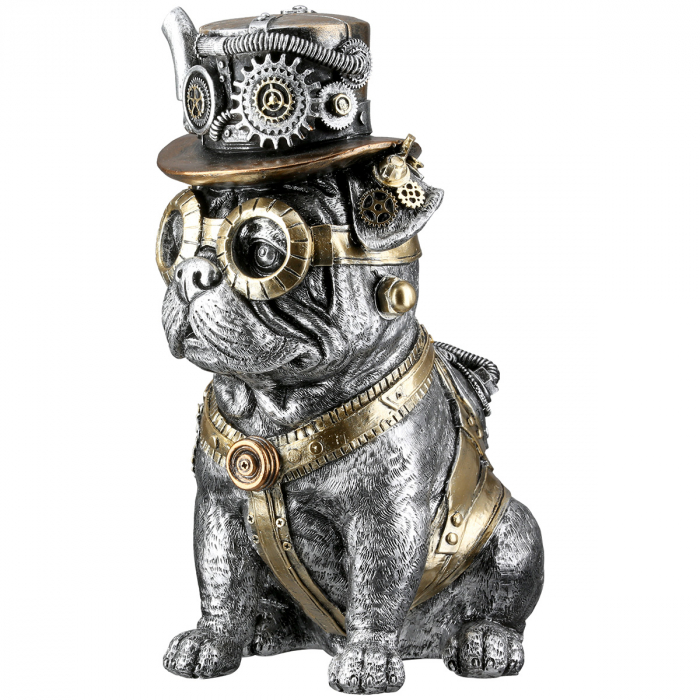 Figurină, Pug, Steampunk pug, Motiv unelte, Polirășină, argintiu, PU 2, L. 20,5 cm, L. 13,5 cm, H. 25,5 cm [1]