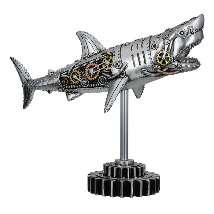 Figurină, Rechin, Steampunk Shark, Motiv roată dințată, Polirășină, argintiu, PU 1, L. 12 cm, L. 38 cm, H. 29,5 cm [2]